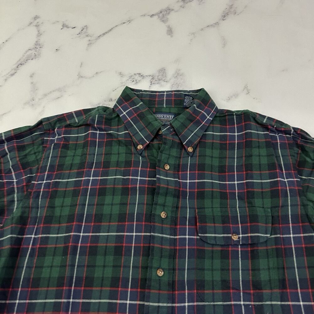Lands End Mens Vintage 90s Plaid Shirt Size L Blue Green Wool Cotton Blend - Picture 2 of 12